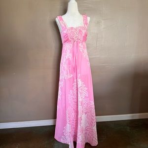 1970s Vintage Tahiti Imports Dress/ Pink/ Botanical Print/ Empire Waist/ Small